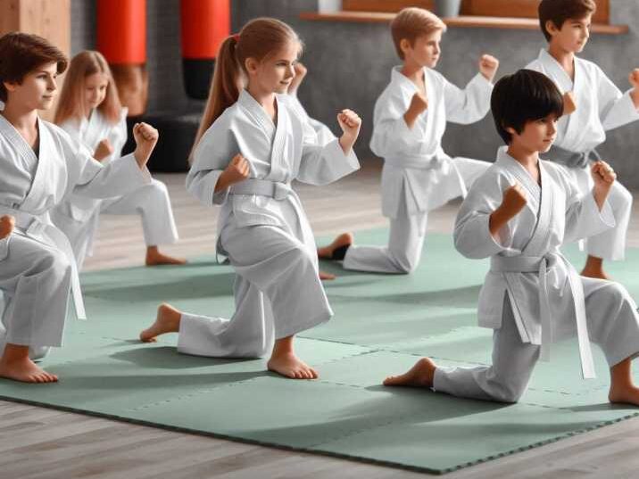 A group of kids practicing Karate in a dojo.