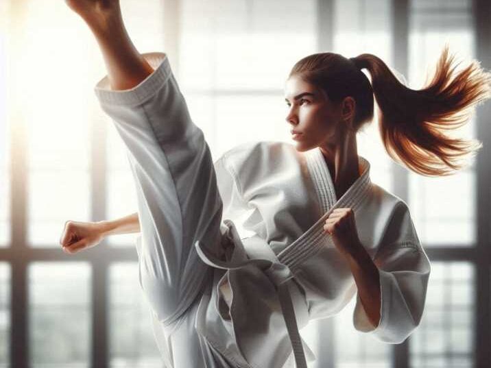 Karate student performing a powerful front kick
