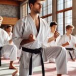 A group of students practicing Shotokan karate in a dojo.