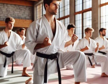 A group of students practicing Shotokan karate in a dojo.