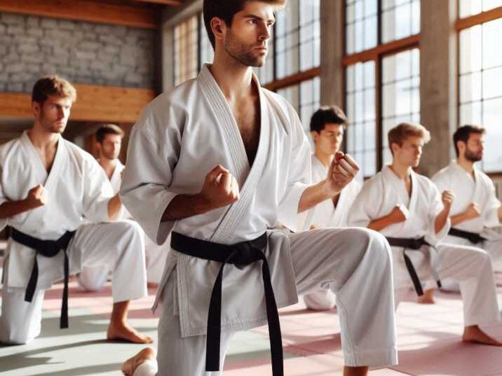 A group of students practicing Shotokan karate in a dojo.