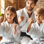 Kids practicing karate with their instructor in a martial arts dojo.