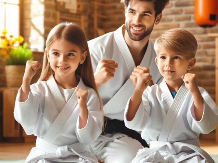 Kids practicing karate with their instructor in a martial arts dojo.