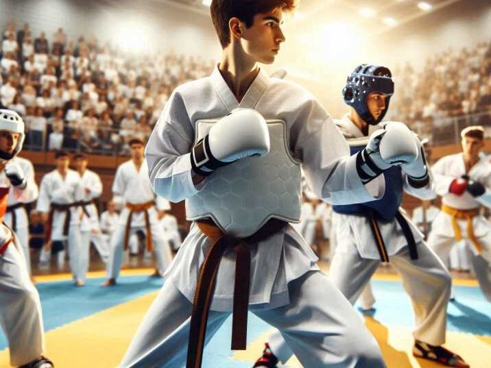 Taekwondo students sparring in a tournament