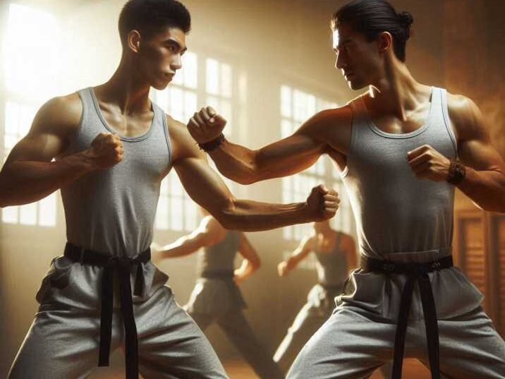 Two athletes engaged in a Sanda sparring match.