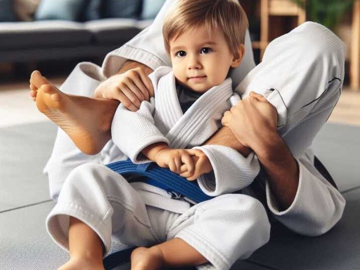 A toddler practicing Brazilian Jiu-Jitsu grappling with a partner
