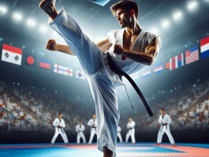 Taekwondo athlete performing a high kick in competition.