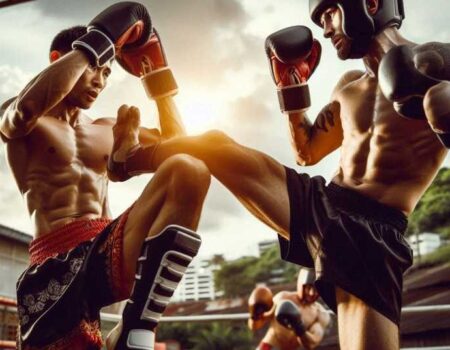 Two Muay Thai fighters exchanging kicks during sparring.