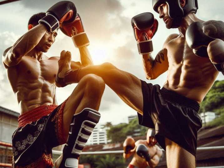 Two Muay Thai fighters exchanging kicks during sparring.