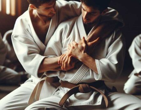 Aikido practitioners practicing a joint lock technique.