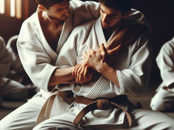 Aikido practitioners practicing a joint lock technique.