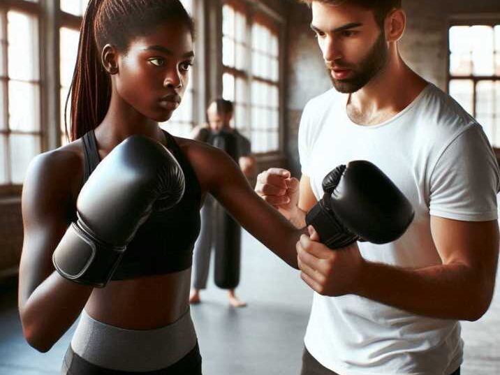 Savate student training with a coach.