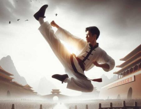 Wushu practitioner performing a high kick.