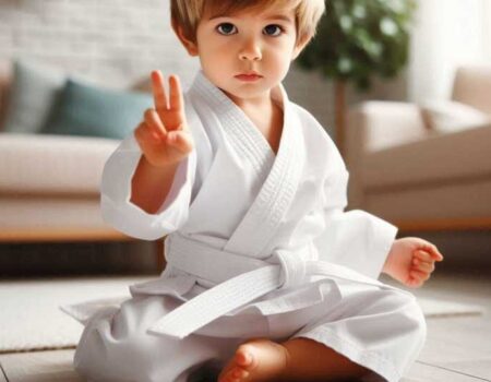 Toddler practicing Karate in a white gi