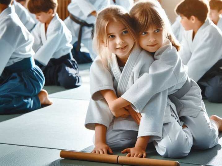 Children practising Aikido martial arts in a dojo