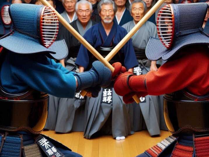 Kendo fighters with shinai swords performing traditional Martial Arts of Japan