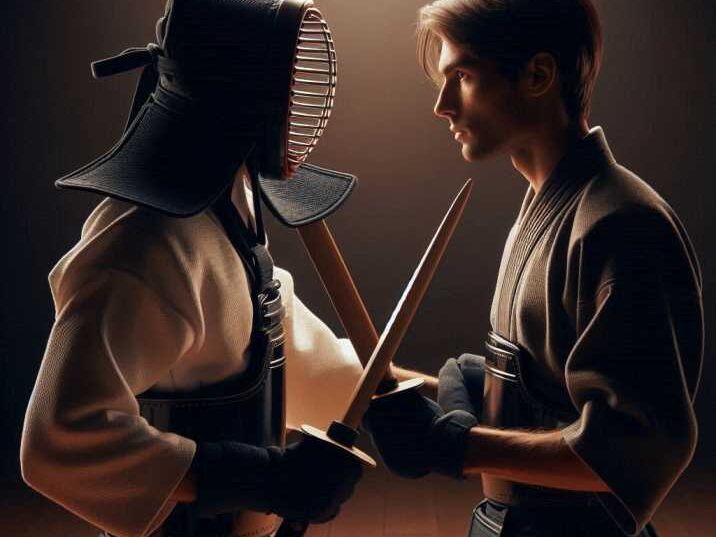 Two Kendo practitioners facing each other in a sparring match.