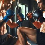 Two Muay Thai fighters practicing knee strikes in a training session.