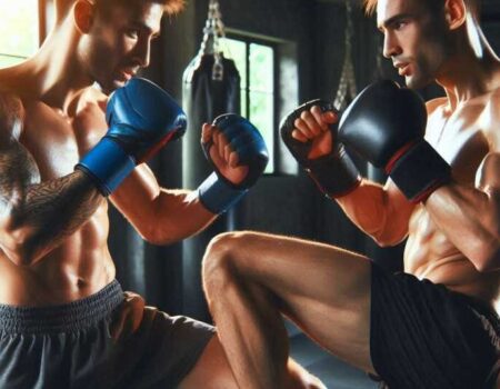 Two Muay Thai fighters practicing knee strikes in a training session.