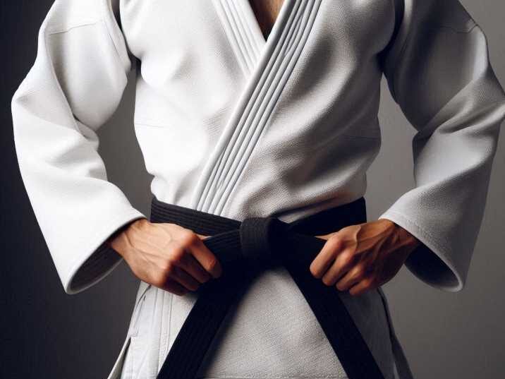 Traditional white Judo uniform with a black belt.