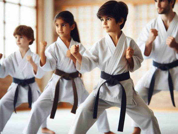 Kids practicing karate moves in a dojo