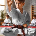 Child practicing karate kata in a dojo