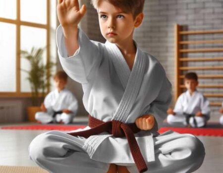 Child practicing karate kata in a dojo