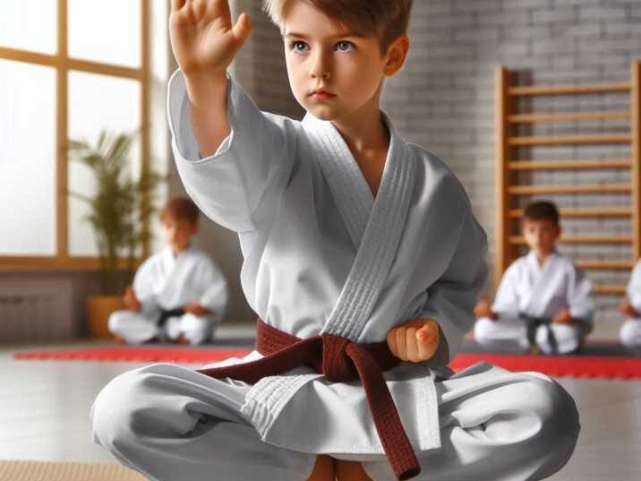 Child practicing karate kata in a dojo