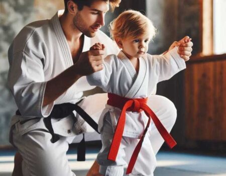 Toddler practicing martial arts with a coach in a training gym.