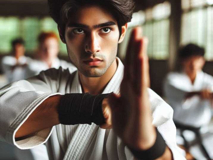 Karate class with students practicing judo