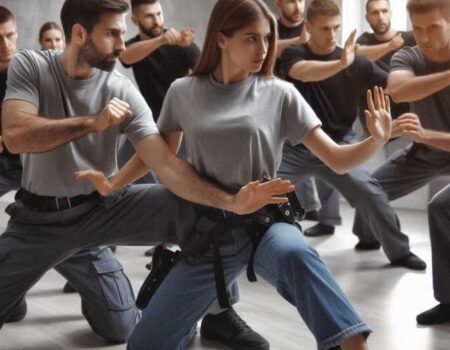 Krav Maga students practicing self-defense techniques in a classroom