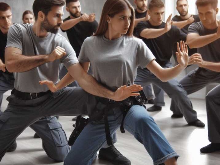 Krav Maga students practicing self-defense techniques in a classroom