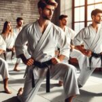 A group of students practicing karate stances in a dojo.