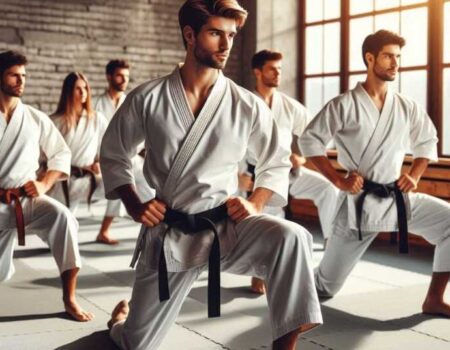 A group of students practicing karate stances in a dojo.