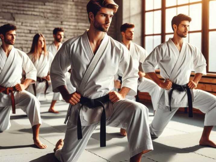 A group of students practicing karate stances in a dojo.