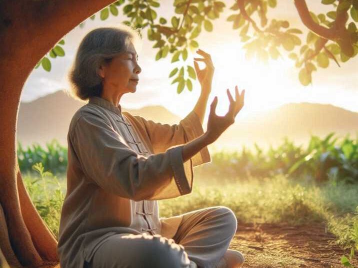 An individual practicing Qi Gong under a tree with hands raised.