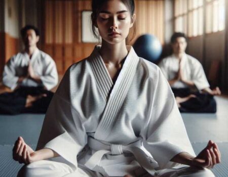 Students meditating in a serene dojo showing spiritual benefits of Martial Arts