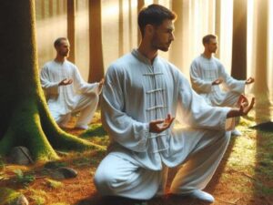 Beginner practicing Tai Chi in a peaceful garden.