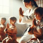 Kids practising Traditional martial arts training in a dojo.