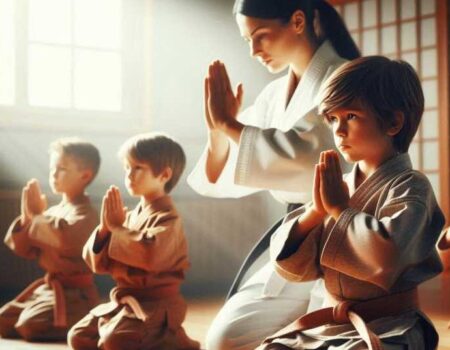 Kids practising Traditional martial arts training in a dojo.