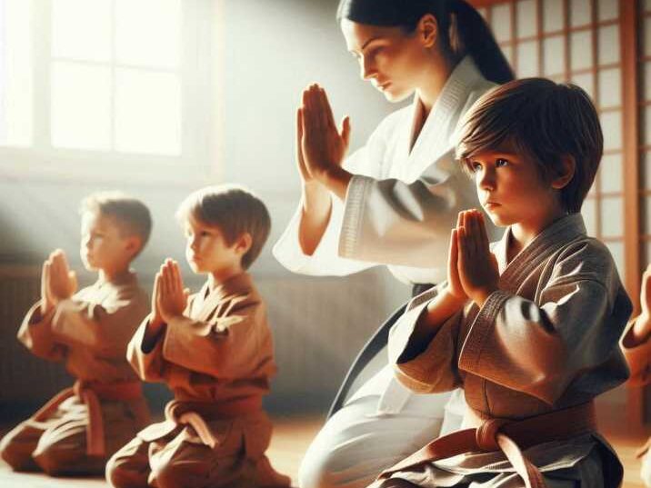 Kids practising Traditional martial arts training in a dojo.