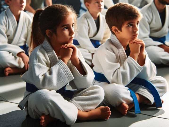 Kids learning Brazilian Jiu-Jitsu in a class.