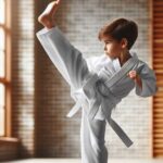 A young boy in a white karate uniform performing a high kick in a dojo.