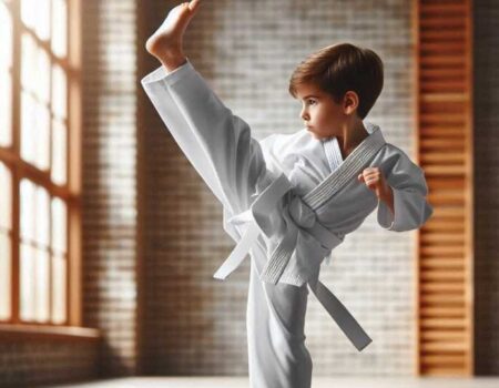 A young boy in a white karate uniform performing a high kick in a dojo.