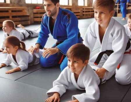 Kids practicing Gi Brazilian Jiu-Jitsu in a gym