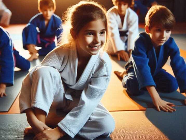 Kids practising Brazilian Jiu-Jitsu in a gym.