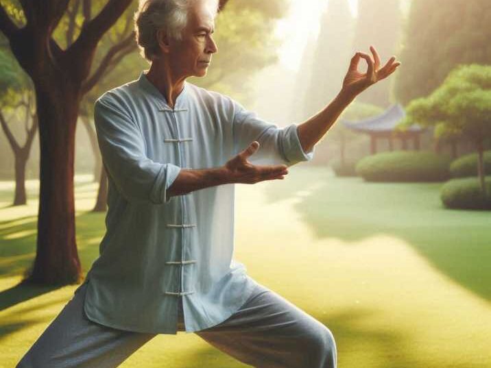 An adult practicing Tai Chi in a serene park showing Psychological Benefits of Martial Arts