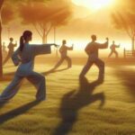 A serene park scene with people practicing Tai Chi at sunrise.