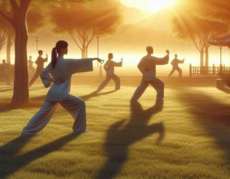 A serene park scene with people practicing Tai Chi at sunrise.