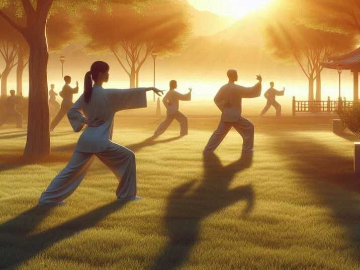 A serene park scene with people practicing Tai Chi at sunrise.